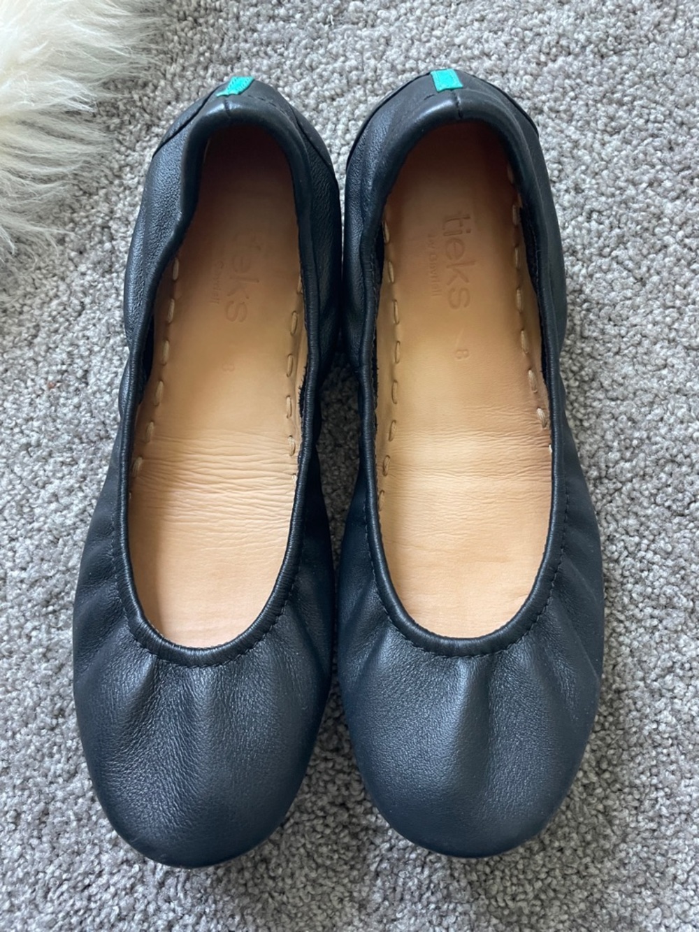 Tieks Black Leather Ballet Flats with Teal Pull Tabs - Picture 2 of 9